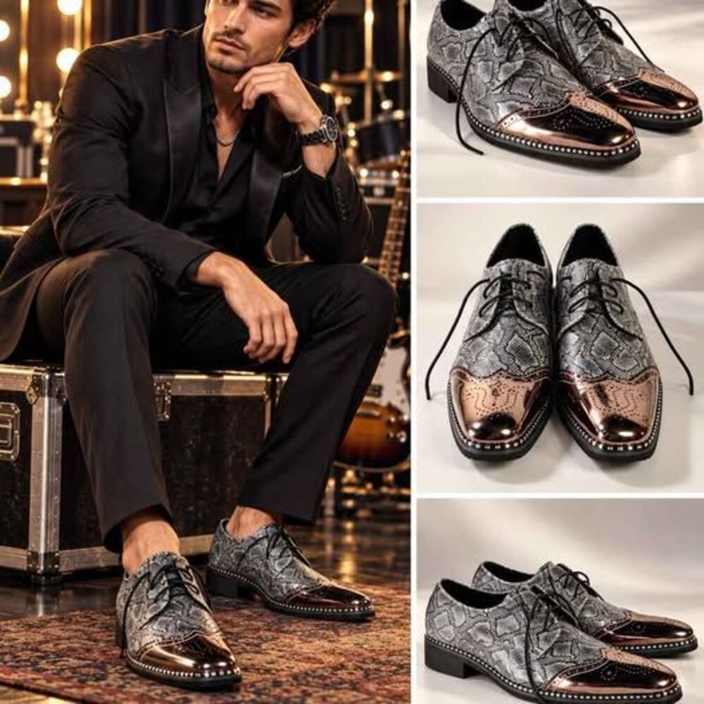 Men's Snakeskin Print Metallic Cap Toe Oxford Dress Shoes Size 10